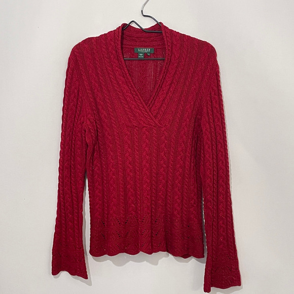 Ralph Lauren Red V-Neck Cable Knit Sweater Womens Petite Large PL Bell Sleeves - Picture 1 of 12